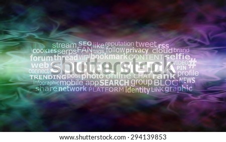 Social Media Stream Website Banner Head - Multicolored flowing energy formation background with a semi transparent Social Media relevant word cloud and plenty of copy space