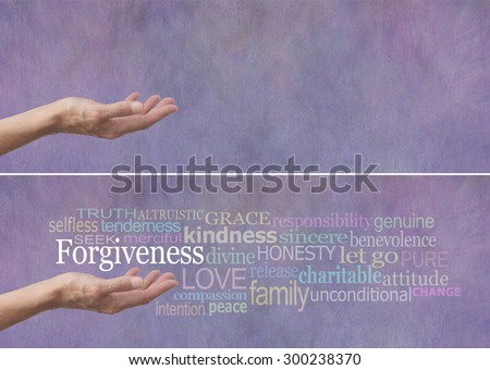 Forgiveness Word Cloud Banner - Female hand outstretched with palm up and the word Forgiveness hovering above surrounded by a relevant word cloud on a lilac colored stone effect background