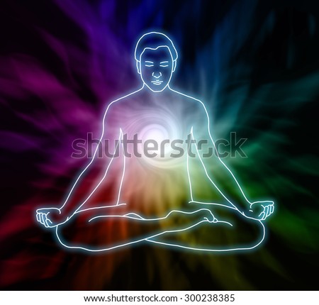 Vortex Meditation - Outline drawing of a man in lotus meditation position on flowing rainbow energy background and a white energy vortex of energy in the heart chakra region