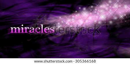 Miracles background - wide purple swirling lines background with the word MIRACLES on left side and glittering sparkles merging with the word