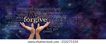 Universal forgiveness -  Female open palm hands on a panoramic deep space dark blue background reaching up to the word Forgive above surrounded by a relevant word cloud and copy space on right side