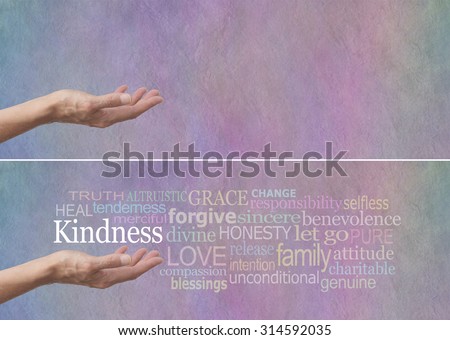 Kindness Word Cloud Banner - Female hand outstretched with palm up and the word Kindness hovering above surrounded by a relevant word cloud on a pastel colored stone effect background