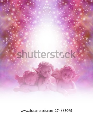 Loving Cherub  background - three pink cherubs staring out thoughtfully with divine light behind their heads on an ethereal sparkling glittery background with plenty of copy space