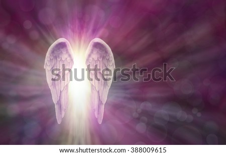 Magenta Angel Wings Banner - magenta bokeh background with a pair of Angel Wings on left side and a shaft of light between radiating outwards and copy space all around