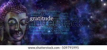 Cultivating Gratitude Meditation Banner - wide deep blue night sky background with stars and planets and a Buddha head on left next to a GRATITUDE word cloud with copy space