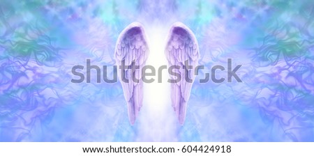 Lilac Angel Wings Banner - Wide wispy  background with a pair of lilac Angel Wings on the center and a shaft of bright light between with copy space both sides