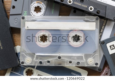 batch of vintage audio cassettes  with blank text line on central one