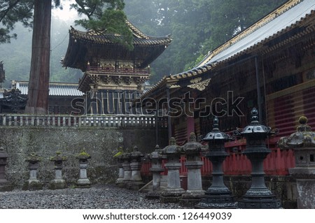 wet rainy atmosphere at the place of famous Toshogu Shrine in Nikko, Japan