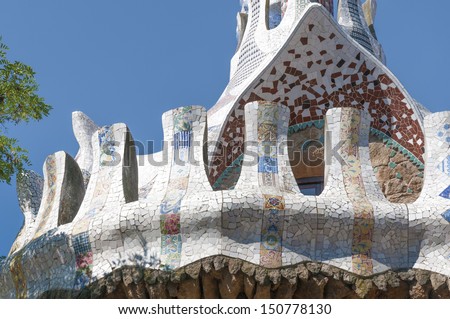 colorful mosaic roof fragment from famous Barcelona landmark Park Guell
