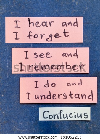 famous Confucius quote interpretation with sticker notes on vintage carton board