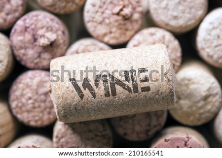 single wine cork with wine word print laying on the many corks background