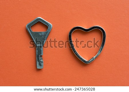 key and keyring in shape of heart on the red background
