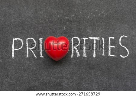 priorities word handwritten on blackboard with heart symbol instead of O