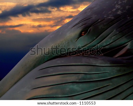 monument of whale with big open eye and dark evening sky on the background