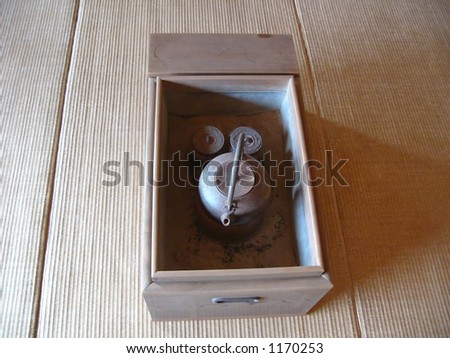 ancient japanese teapot in wooden box