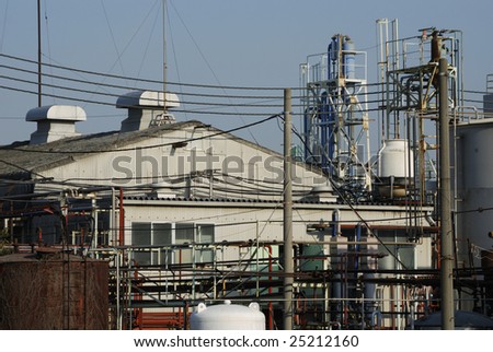 highly detailed structure of industrial exterior of old japanese chemical factory, Japan
