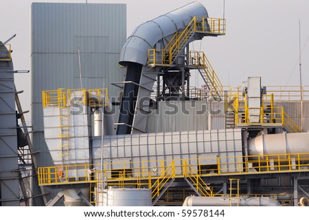 empty detailed industrial factory background with yellow handrails