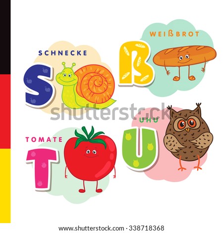 Deutsch alphabet. Snail, white bread, tomato, owl, letters and characters.