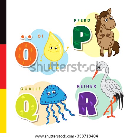 Deutsch alphabet. Olive oil, horse, jellyfish, heron, letters and characters.