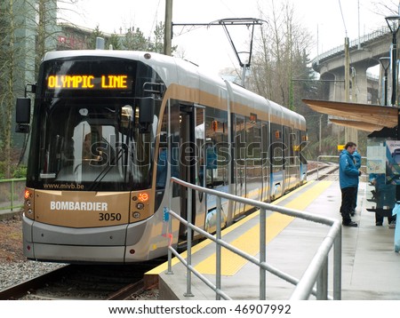 VANCOUVER - FEB 15: The Olympic line, a sustainable and environment friendly public transport, moves visitors free of charge on February 15, 2010 in Vancouver British Columbia, Canada.