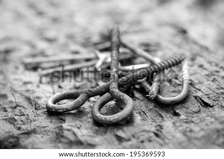 Ole rusted hook screws in black and white