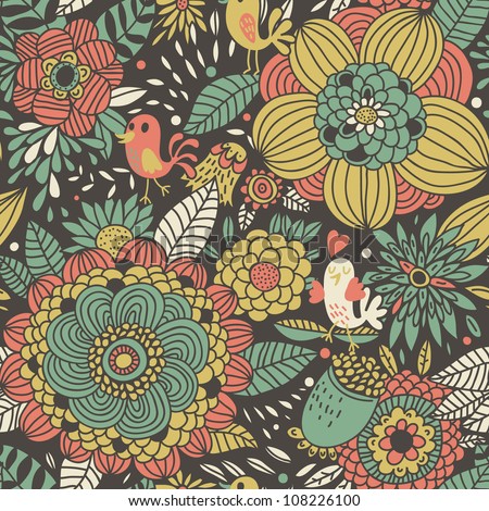 Floral seamless pattern with cute birds. Colorful background can be used for textile design, website design, wedding invitation