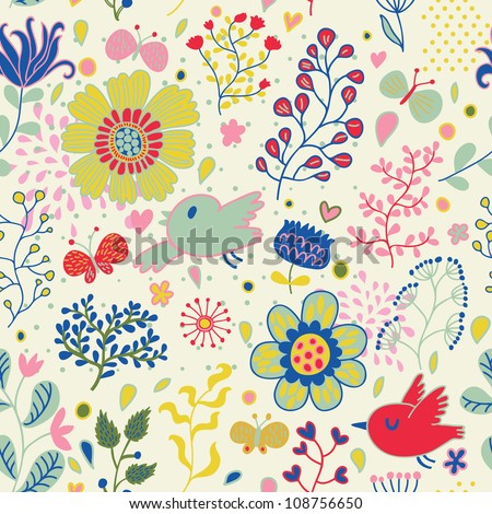 Floral seamless pattern with cute birds. Colorful background can be used for textile design, website design, wedding invitation