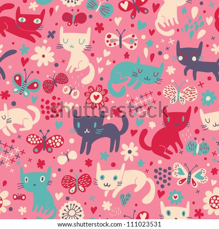 Flower Wallpaper on Colorful Wallpaper With Cats  Butterflies And Flowers   Stock Vector