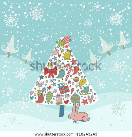 Concept holiday card. Christmas tree made of gifts in winter forest in cartoon style with a small cute hare.