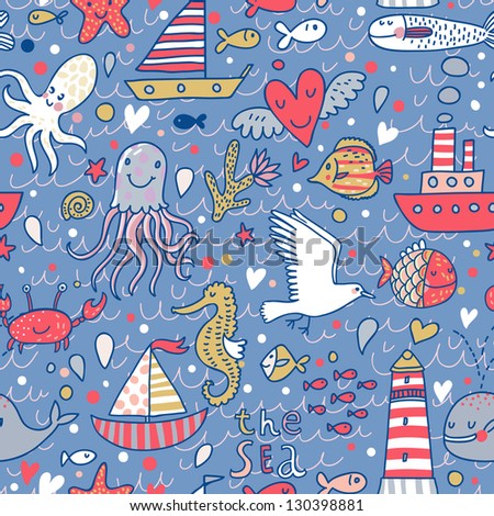 Cartoon marine seamless pattern for childish wallpapers Octopus seagulls fish whale sea horse crab and ships at sea in vector Cartoon marine seamless pattern for childish wallpapers Octopus seagulls fish whale sea horse crab and ships at sea in vector
