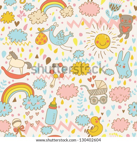 Concept baby\'s seamless pattern. Toys, children\'s clothes, animals in the sky. Best pattern for wrapping paper for babies