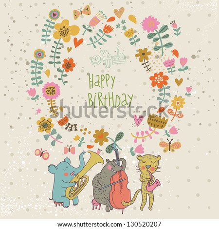 Happy birthday card. Cartoon funny animals Ã¢Â?Â? elephant, bear and leopard wishes happy birthday. Vector illustration