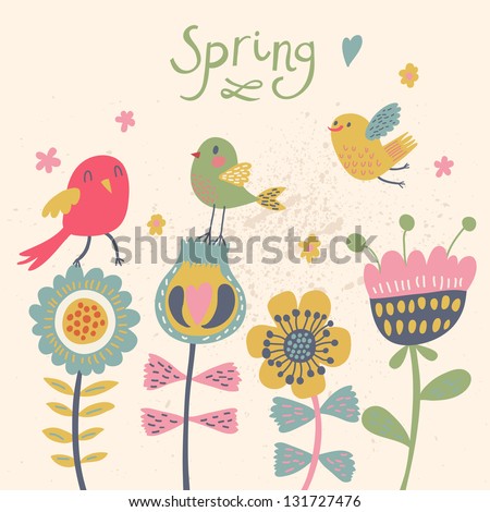 Cute Cartoon Birds On Flowers In Vector. Stylish Floral Card. Summer Background In Bright Colors.