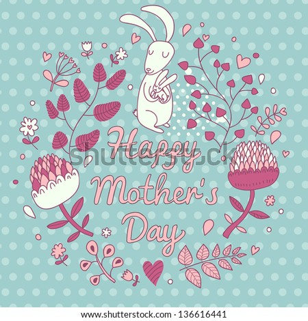 Nice holiday card with cartoon rabbit and flowers. Happy mothers day Ã¢Â?Â?vintage background in vector.