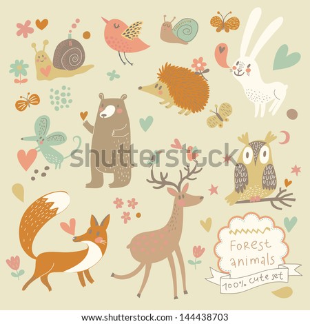 Vector Set Of Cute Wild Animals In The Forest: Fox, Bear, Hedgehog, Rabbit, Snail, Deer, Owl, Bird, Mouse. Vintage Set.