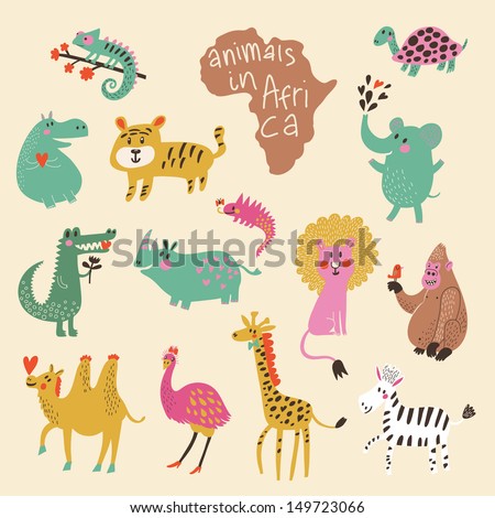 African Animals: Iguana, Turtle, Elephant, Tiger, Hippopotamus, Crocodile, Rhinoceros, Lion, Gorilla, Camel, Ostrich, Giraffe, Zebra In Vector. Funny Cartoon Animals In Bright Colors. Childish Set
