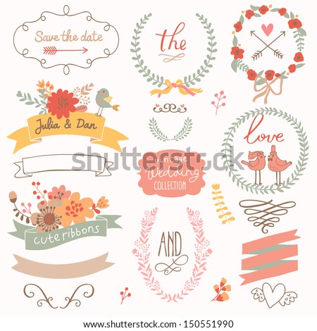 Wedding Romantic Collection With Labels, Ribbons, Hearts, Flowers, Arrows, Wreaths, Laurel And Birds. Graphic Set In Retro Style. Save The Date Invitation In Vector.