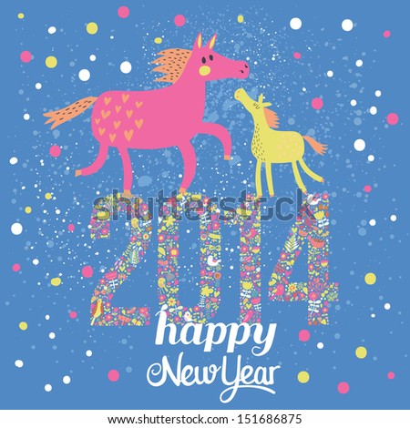 Happy New 2014 Year card in bright colors. Year of the horse - concept holiday background in vector