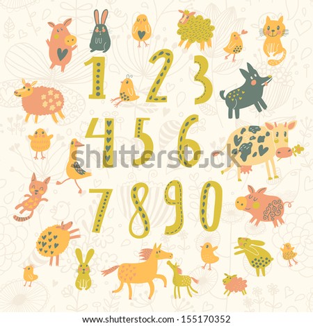 Learn To Count. All Numbers And Funny Cartoon Animals: Cat, Dog, Cow, Horse, Rabbit And Others In Childish Style