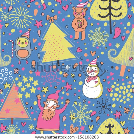 Childish holiday seamless pattern. Christmas and New Year background with fir tree, Santa, Snowman, Penguin and cute bear in bright colors