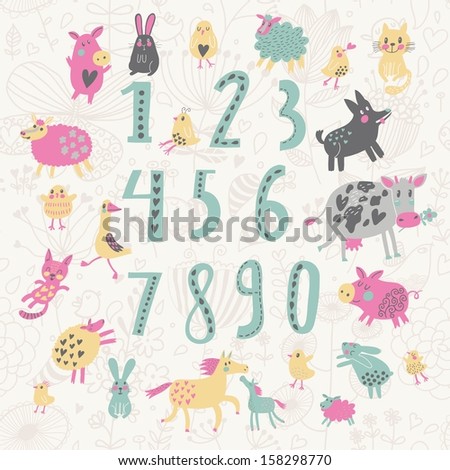 Learn to count concept set. All numbers and funny cartoon animals: cat, dog, cow, horse, rabbit and others in vector