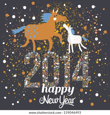 Happy New 2014 Year card in stylish modern colors. Year of the horse - concept holiday background in vector. Horse with a foal on 2014 sign made of flowers