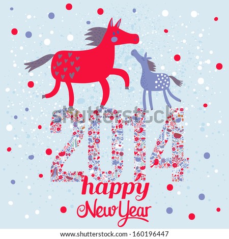 Happy New 2014 Year Card In Bright Colors. Year Of The Horse - Concept Holiday Background In Vector
