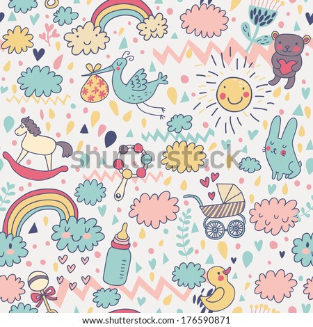 Gentle baby's seamless pattern. Toys, children's clothes, animals in the sky. Best pattern for wrapping paper for babies