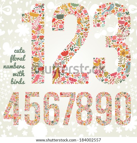 Cute floral numbers with birds Numbers made of flowers and birds in bright colors Zero one two three four five six seven eight nine signs in vector Cute floral numbers with birds Numbers made of flowers and birds in bright colors Zero one two three four five six seven eight nine signs in vector