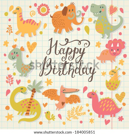 Happy birthday card in cartoon style. Cute holiday background with dinosaurs in vector