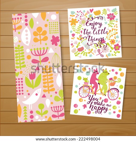 Awesome cards in vector. Stylish floral posters in bright colors. Birds, poppy flowers, tulips and cartoon funny bears
