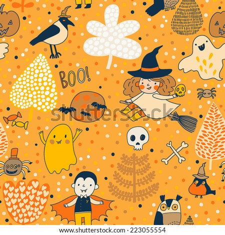 Funny cartoon Halloween seamless pattern made of children in holiday costumes and holiday symbols in vector