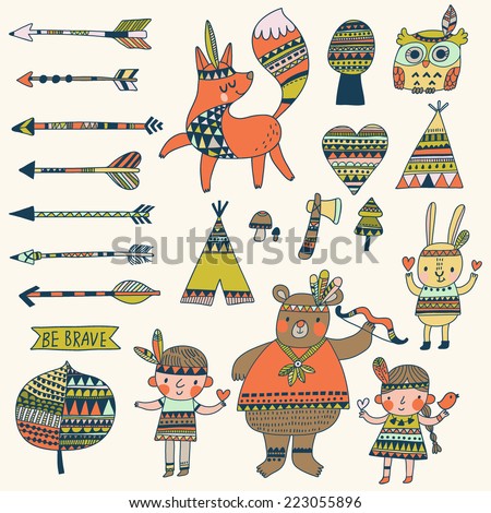 Beautiful indian set in vector Stylish bright concept elements children bear arrows fox wigwam rabbit owl and others Beautiful indian set in vector Stylish bright concept elements children bear arrows fox wigwam rabbit owl and others