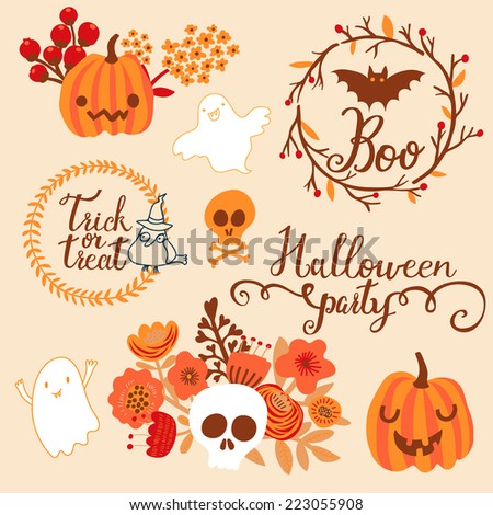 Beautiful halloween set in vector. Cartoon holiday elements in bright colors